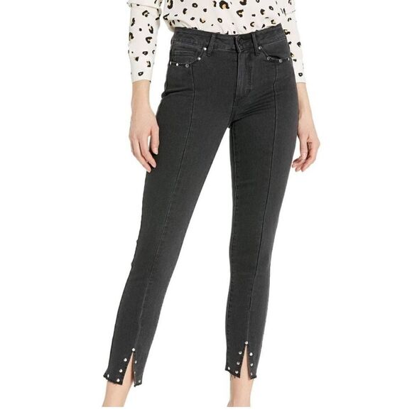 Paige Hoxton Ankle Skinny Jeans Seam Slit Raw Hem Evening Black Studded Jean 27 - Picture 1 of 8